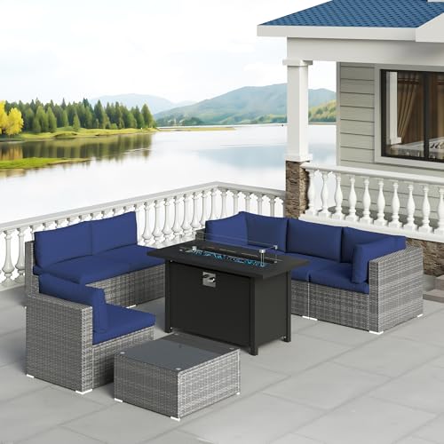 8-Piece Wicker Outdoor Sectional Sofa with Fire Pit Table Q983