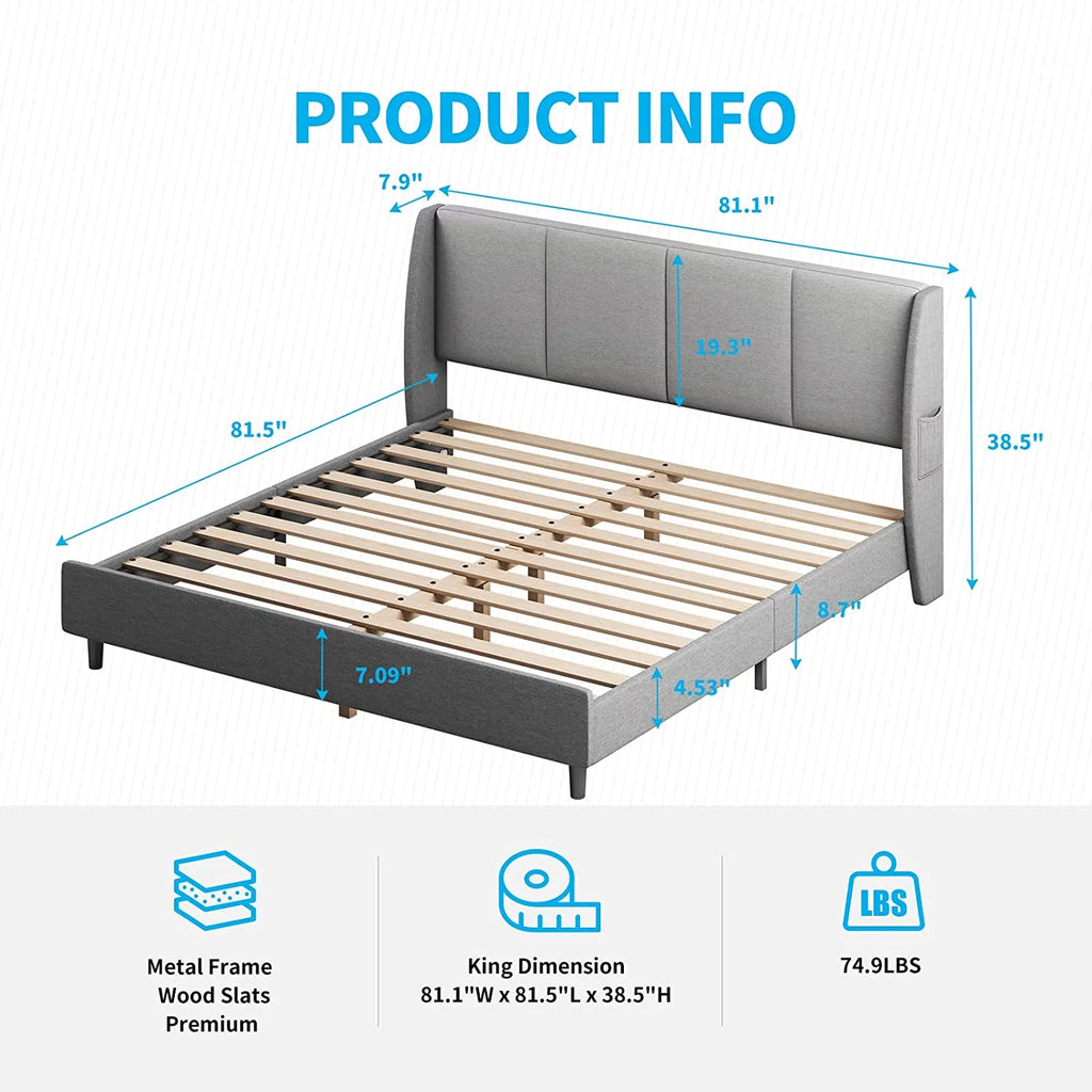 King Size Linen Upholstery Platform Bed Frame with Headboard N1784