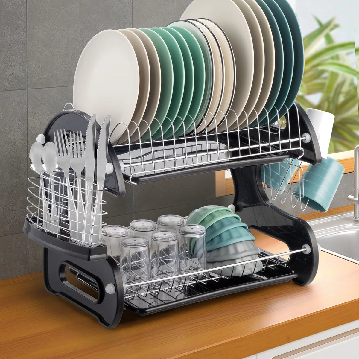 Black 2-Tier Plastic Dish Drainer S449