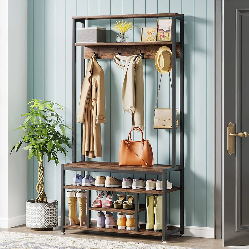 Industrial Coat Rack with Bench and Shoe Rack Q22209