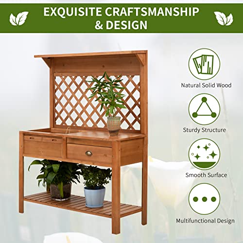 Outsunny Garden Potting Bench, Outdoor Wooden Workstation Table with Metal Screen, Drawer, Hooks, Storage Shelf, and Lattice Back U5490