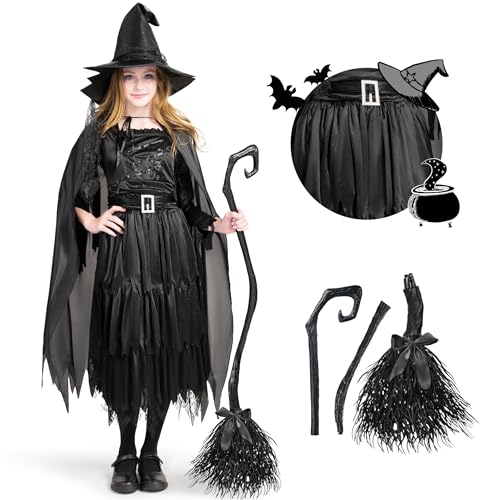Classic Kids Witch Costume Black Witch Dress with Broom and Hat XL U8121