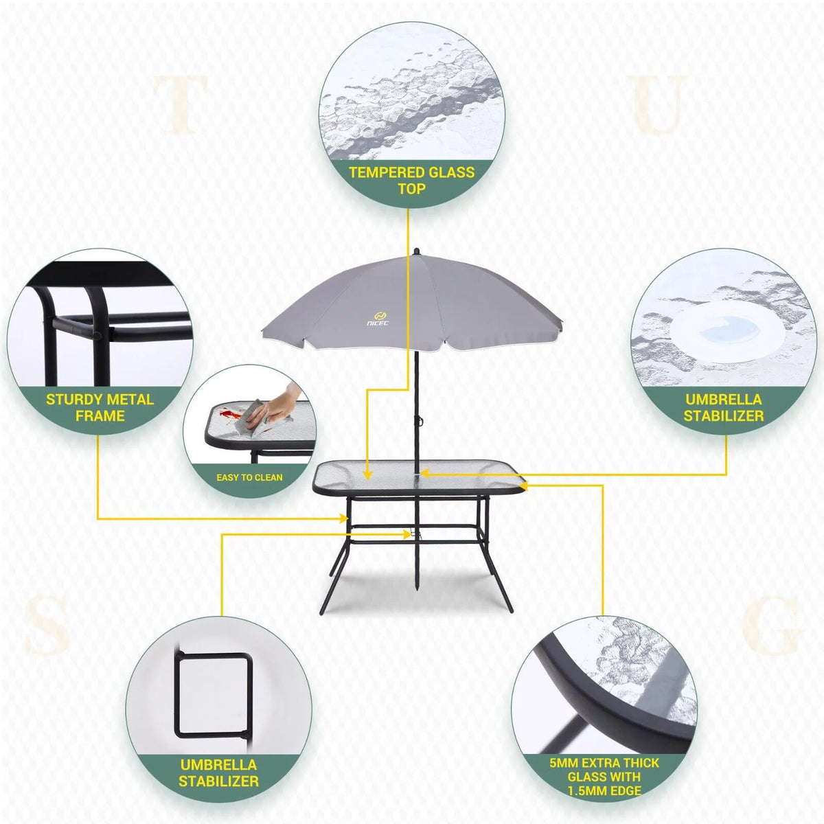 8 Piece Patio Dining Set with Umbrella and 6 Folding Chairs E792