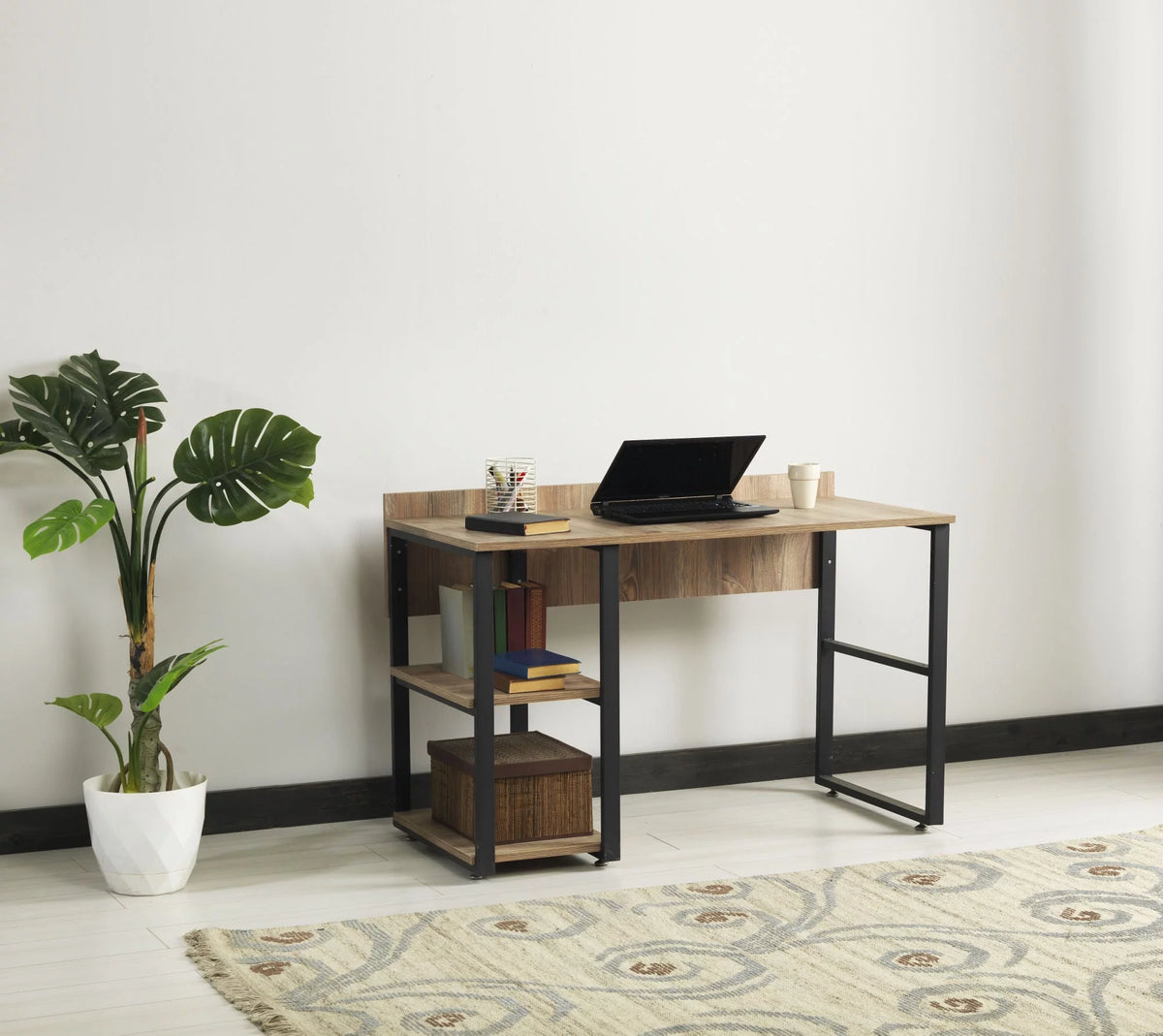 Black Metal Frame 58" Wooden Top 2 Shelves Writing and Computer Desk U8237