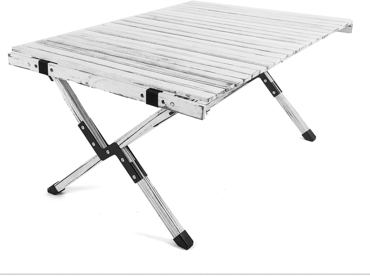 Rustic White Wood Folding Camping Table with Carrying Case X727