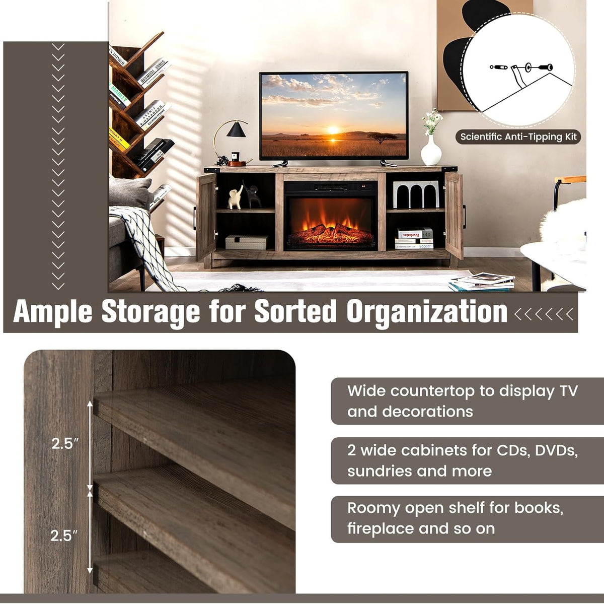 Electric Fireplace TV Stand with Storage Cabinets T9556