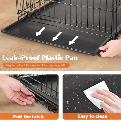 Large 36 Inch Double Door Folding Metal Wire Dog Crate with Divider Panel and Plastic Leak-Proof Pan Tray T8697