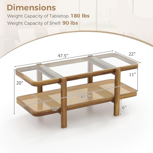 47.5" Rectangle Solid Wood Coffee Table with Tempered Glass Tabletop V9915