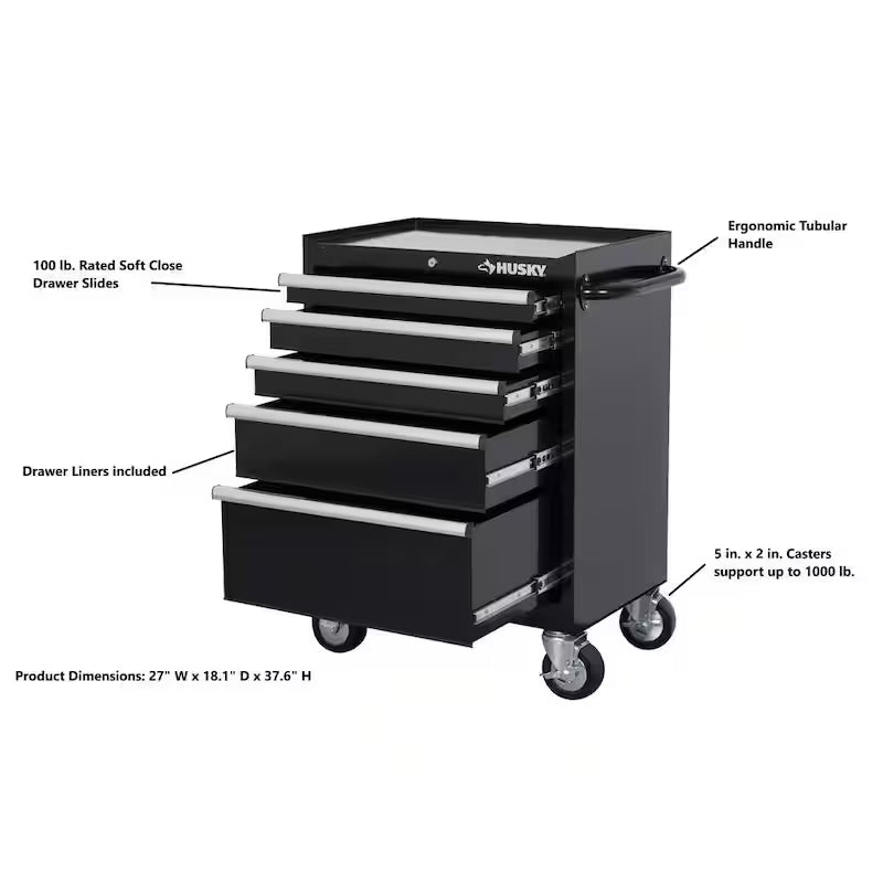 27 in. W 5-Drawer Gloss Black Rolling Tool Cabinet Z4925
