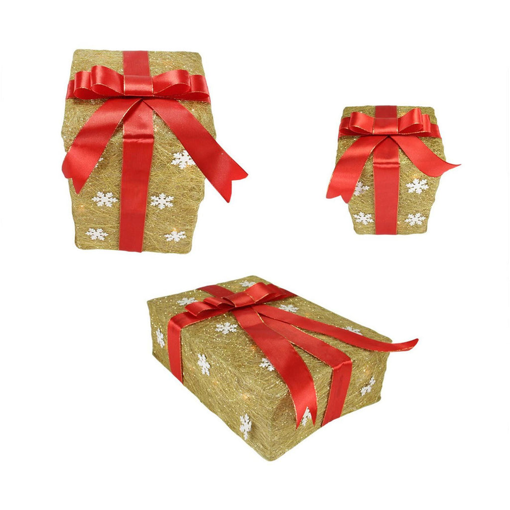 Set of 3 Gold Sisal Gift Boxes Lighted Christmas Decorations P66046