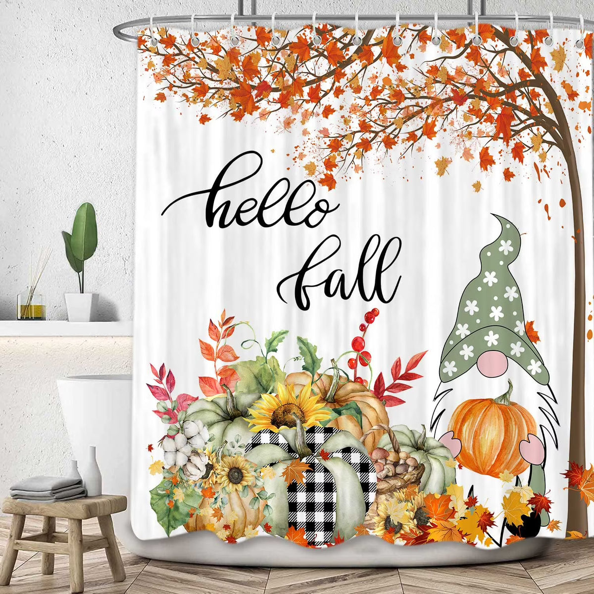 Fall Gnomes Fabric Shower Curtain Set with Hooks 72X 72 inch H641