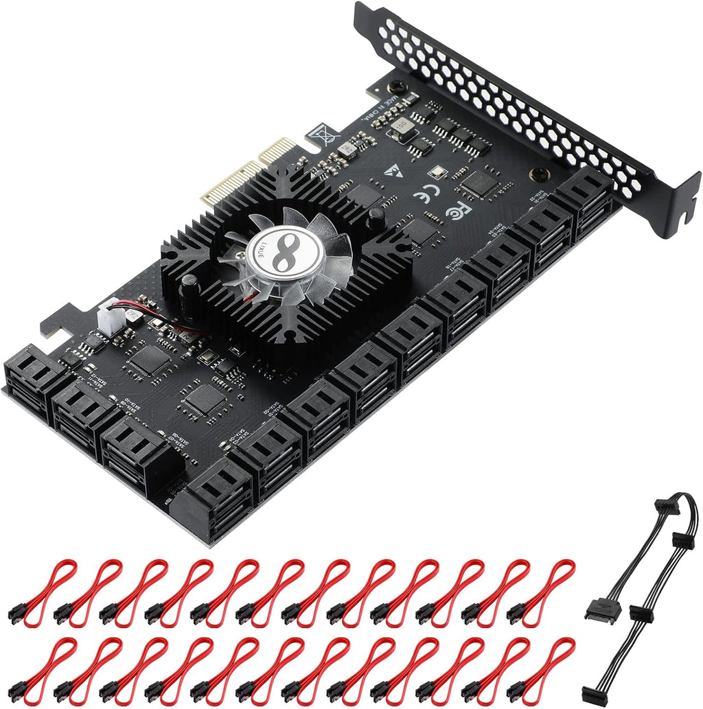 16 Port 4X SATA PCIe Expansion Card with 16 SATA Cables and Bracket O8491