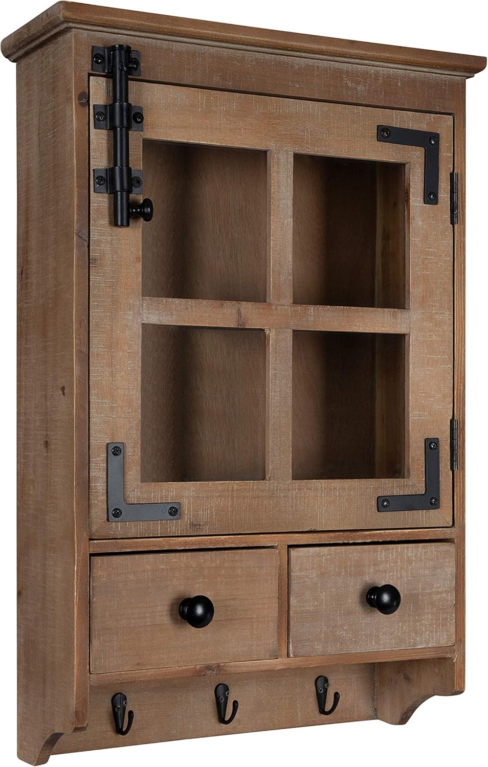 Rustic White Wood Wall Cabinet with Glass Door and 2 Drawers U2337