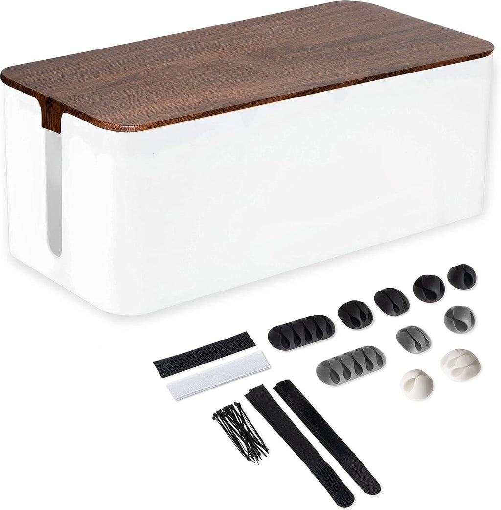 Cable Management Box with Dark Wood Top and White Cord Organizer U814