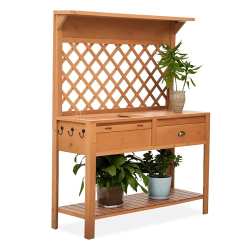 Outsunny Garden Potting Bench, Outdoor Wooden Workstation Table with Metal Screen, Drawer, Hooks, Storage Shelf, and Lattice Back U5490