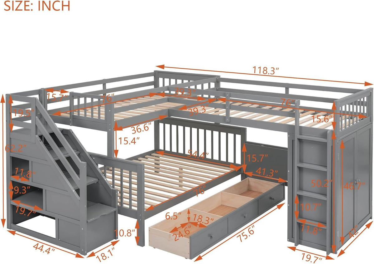 Gray Wooden Triple Bunk Bed with Desk, Storage Drawers, Stairs and Wardrobe N772