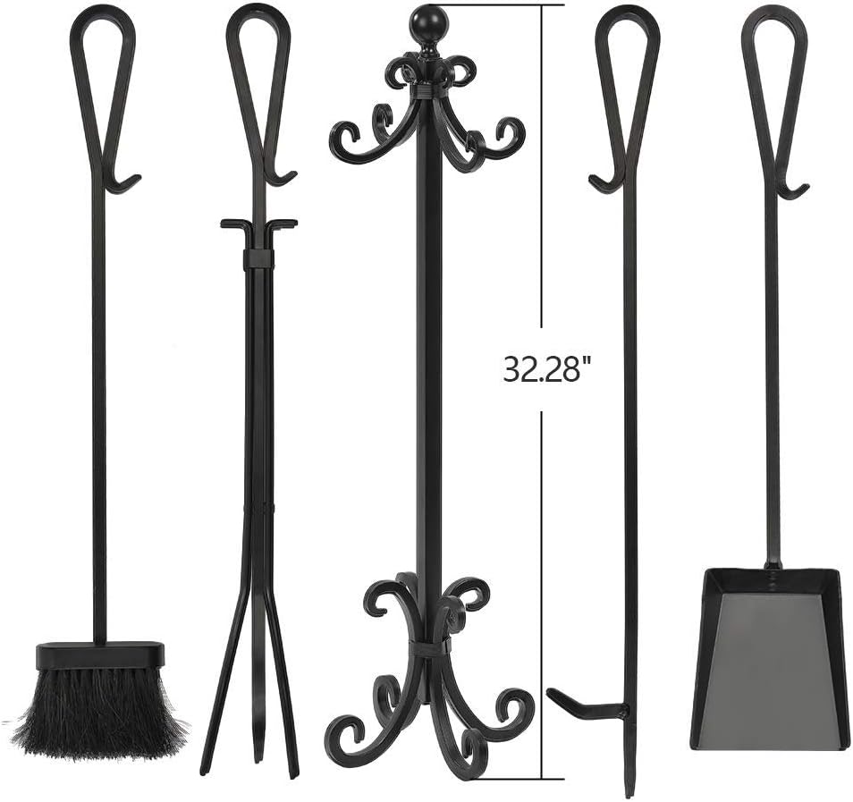 5 Pieces Cast Iron Fireplace Tools with Log Holder Black H918848