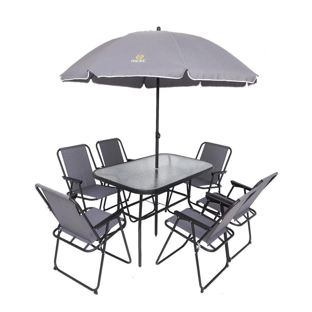 8 Piece Patio Dining Set with Umbrella and 6 Folding Chairs E792