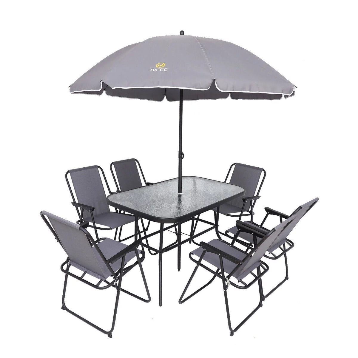 8 Piece Patio Dining Set with Umbrella and 6 Folding Chairs E792