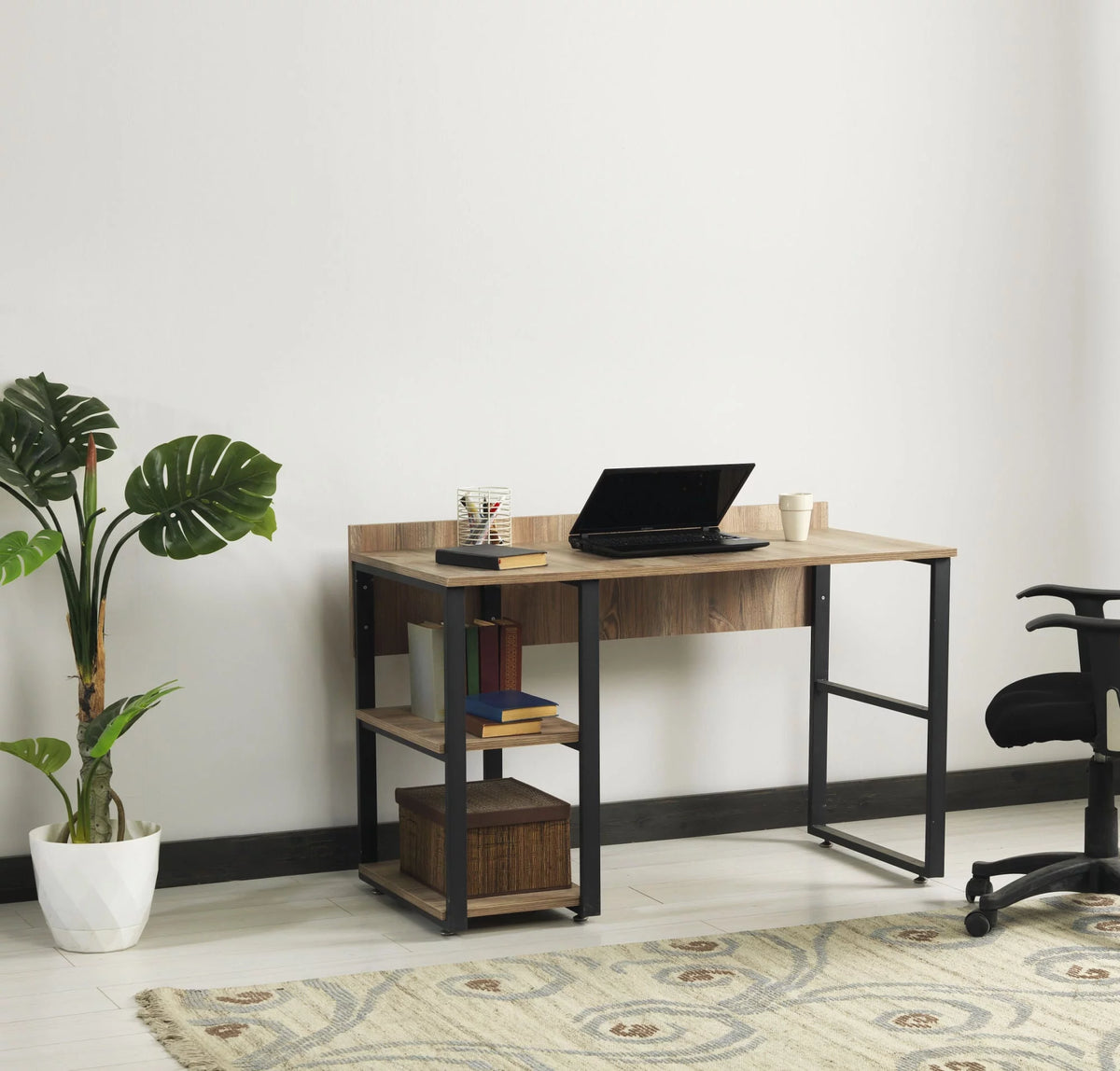 Black Metal Frame 58" Wooden Top 2 Shelves Writing and Computer Desk U8237