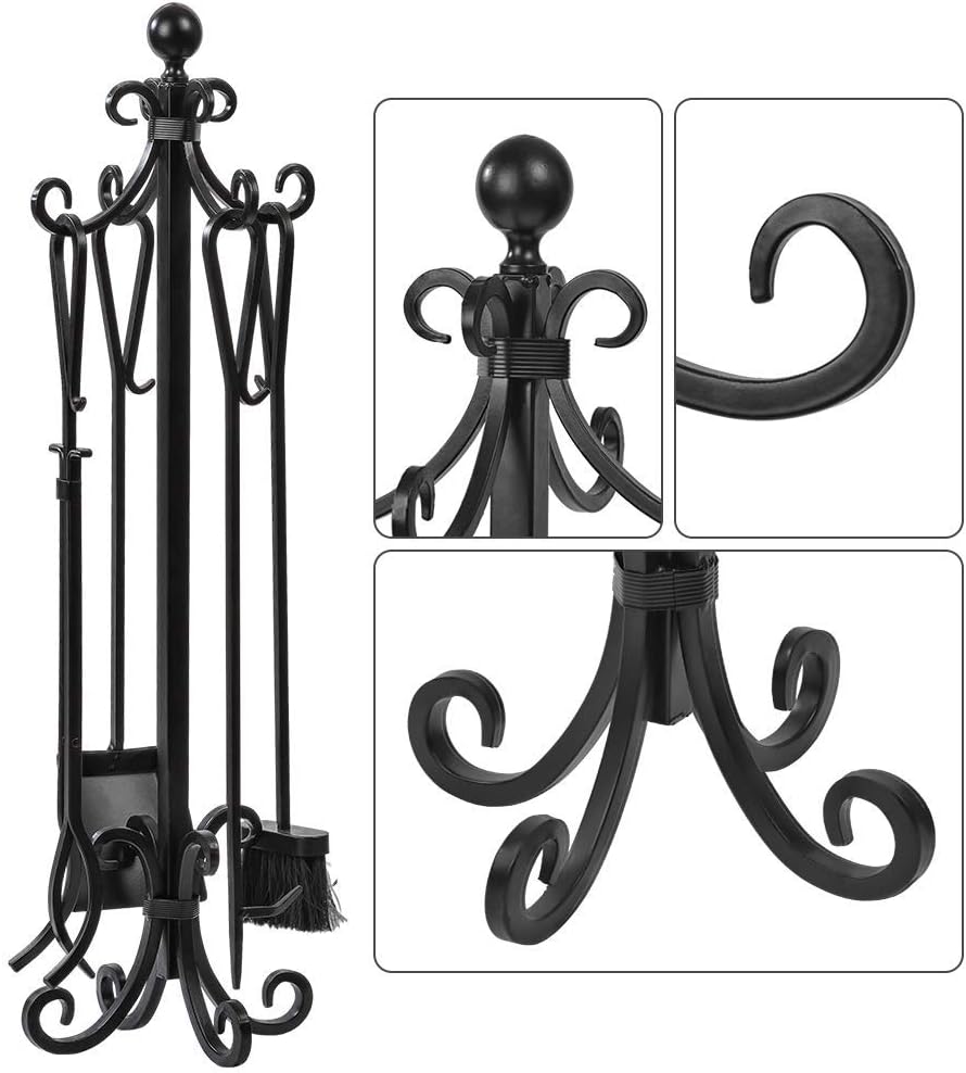 5 Pieces Cast Iron Fireplace Tools with Log Holder Black H918848