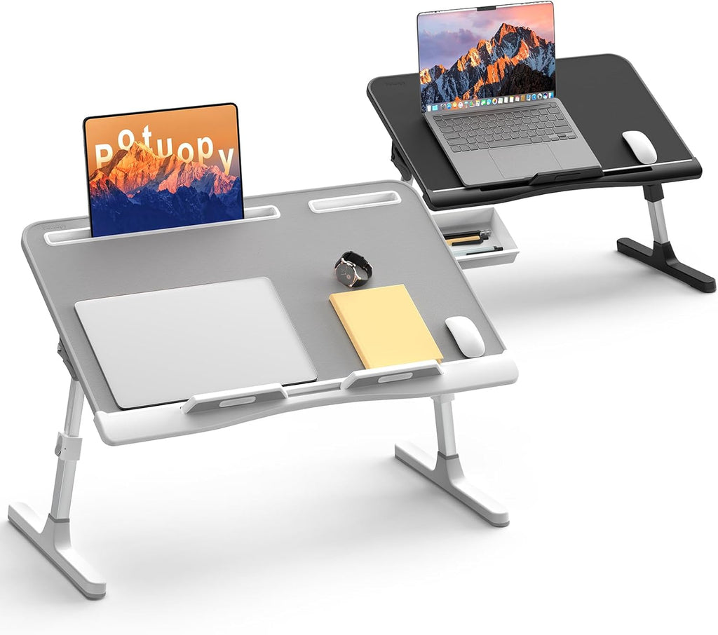 Leather Bed Desk with Removable Stopper, Foldable & Adjustable Lap Desk, Grey and Black N85089