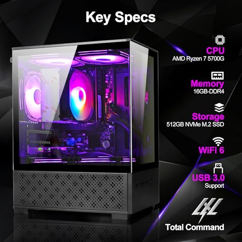 White Desktop PC AMD Ryzen 7-5700G 8 core 3.9GHz 16G DDR4 RAM 512GB NVME SSD Tower Computer with Power Supply 400W H756