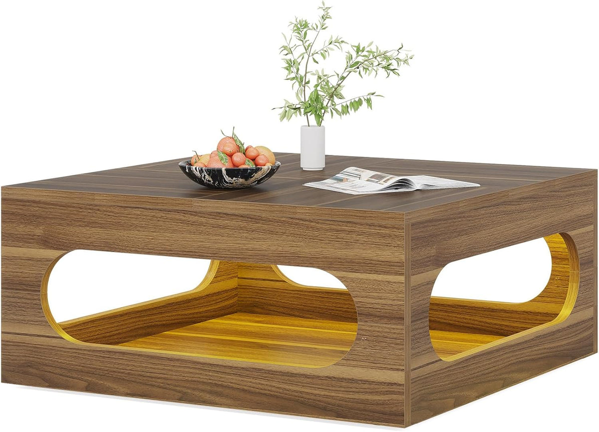 Brown Wood Coffee Table with Storage and LED Light Z991