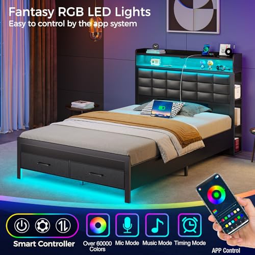 Black Full Size Upholstered Platform Bed Frame with Storage Headboard and 2 Drawers F5279