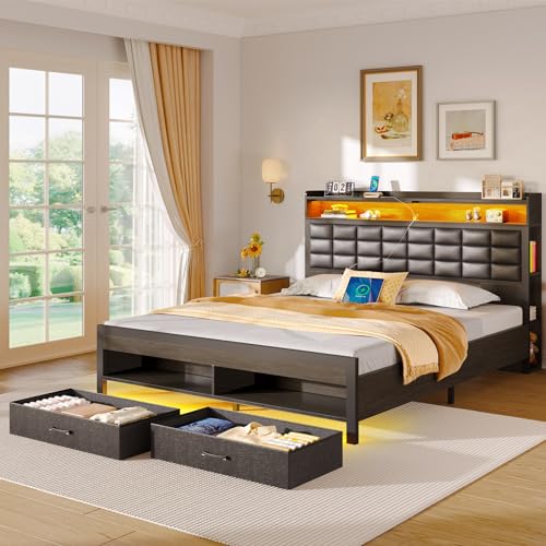 Black Full Size Upholstered Platform Bed Frame with Storage Headboard and 2 Drawers F5279