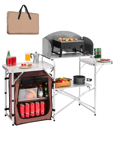 Brown Aluminum Folding Camping Kitchen Table with Storage Carrying Bag P14924