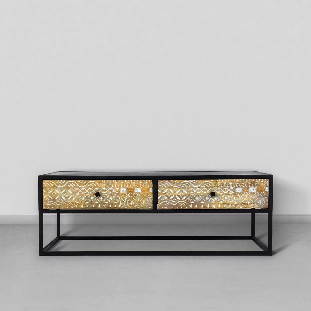 45 Inch Mango Wood Coffee Table with Metal Frame and 2 Drawers Z831