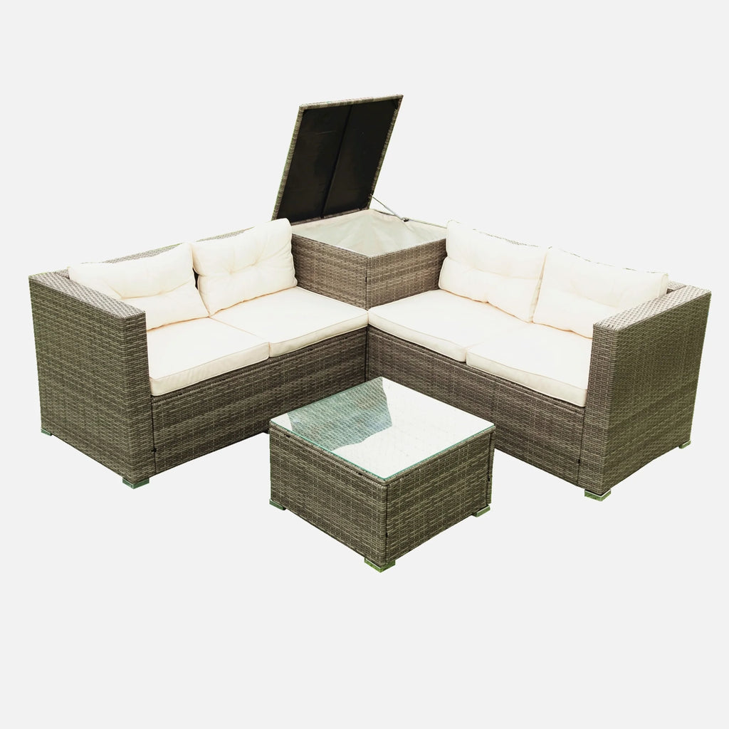 Creme 4 Piece Patio Sectional Wicker Rattan Outdoor Furniture Sofa Set with Storage Box Q8019