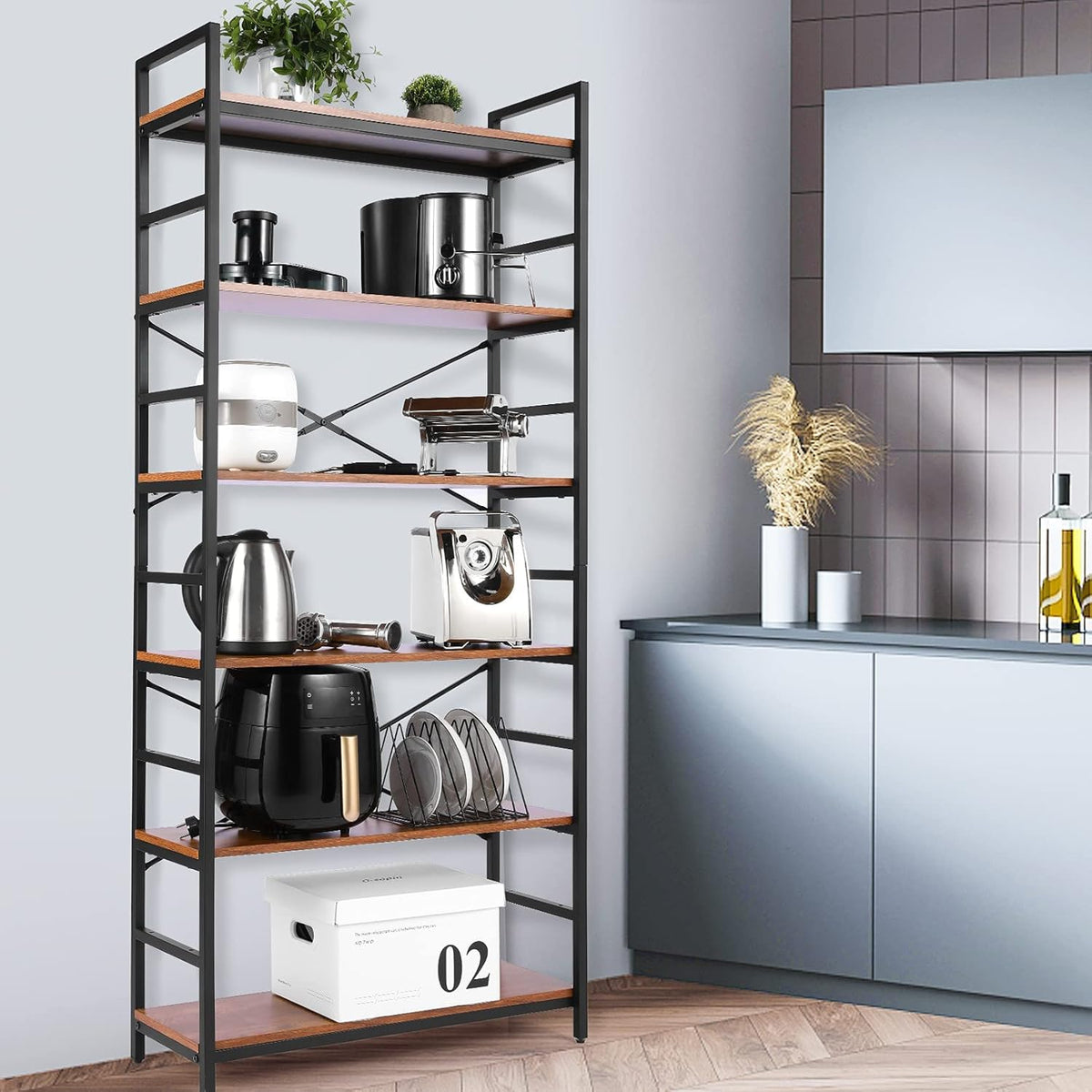 6-Tier Wood Top Bookshelf with Black Metal Frame R1415