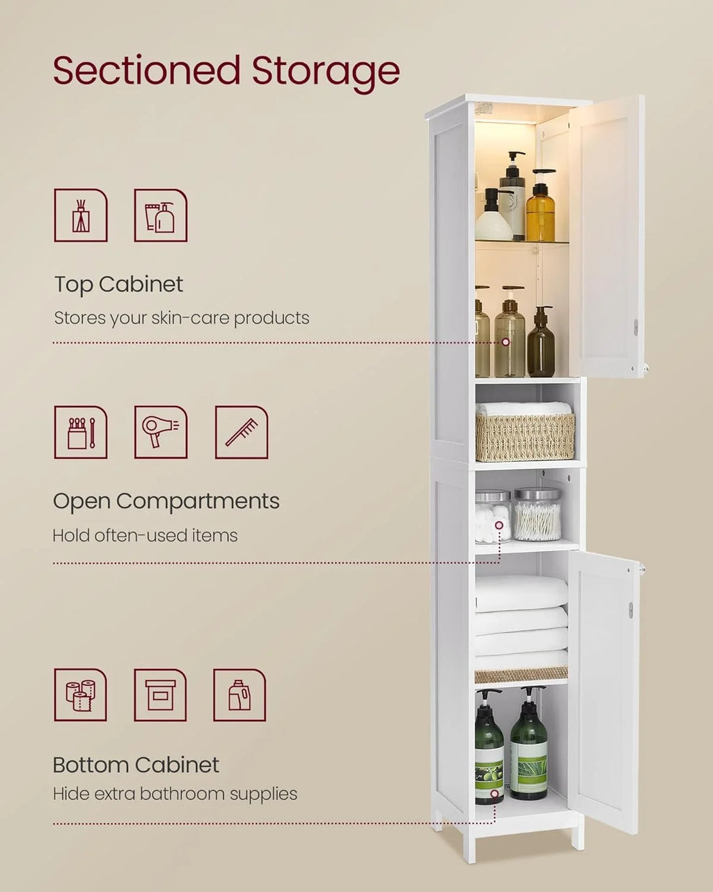 Cloud White Tall Bathroom Storage Cabinet with Adjustable Shelves V6599