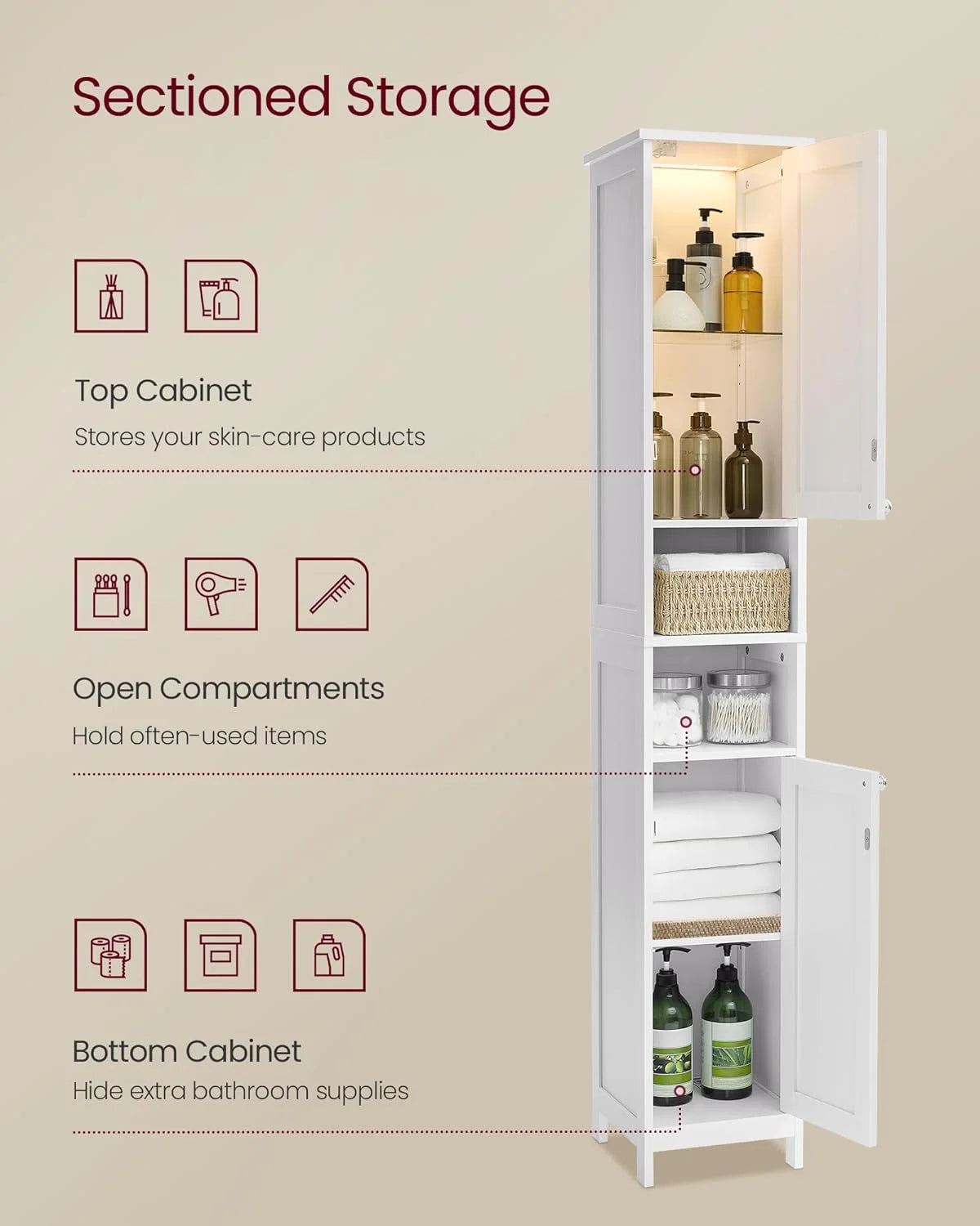 Cloud White Tall Bathroom Storage Cabinet with Adjustable Shelves V6599