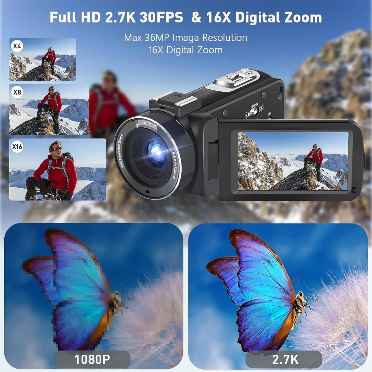2.7K 30FPS 36MP 16X Vlogging Camera with Flip Screen and Two Batteries J7955