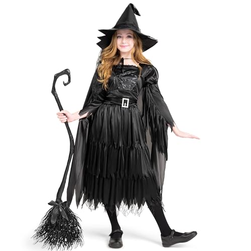 Classic Kids Witch Costume Black Witch Dress with Broom and Hat XL U8121