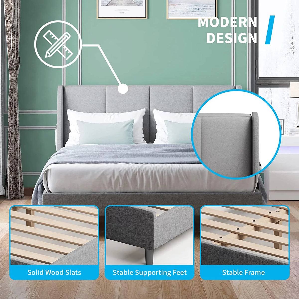 King Size Linen Upholstery Platform Bed Frame with Headboard N1784