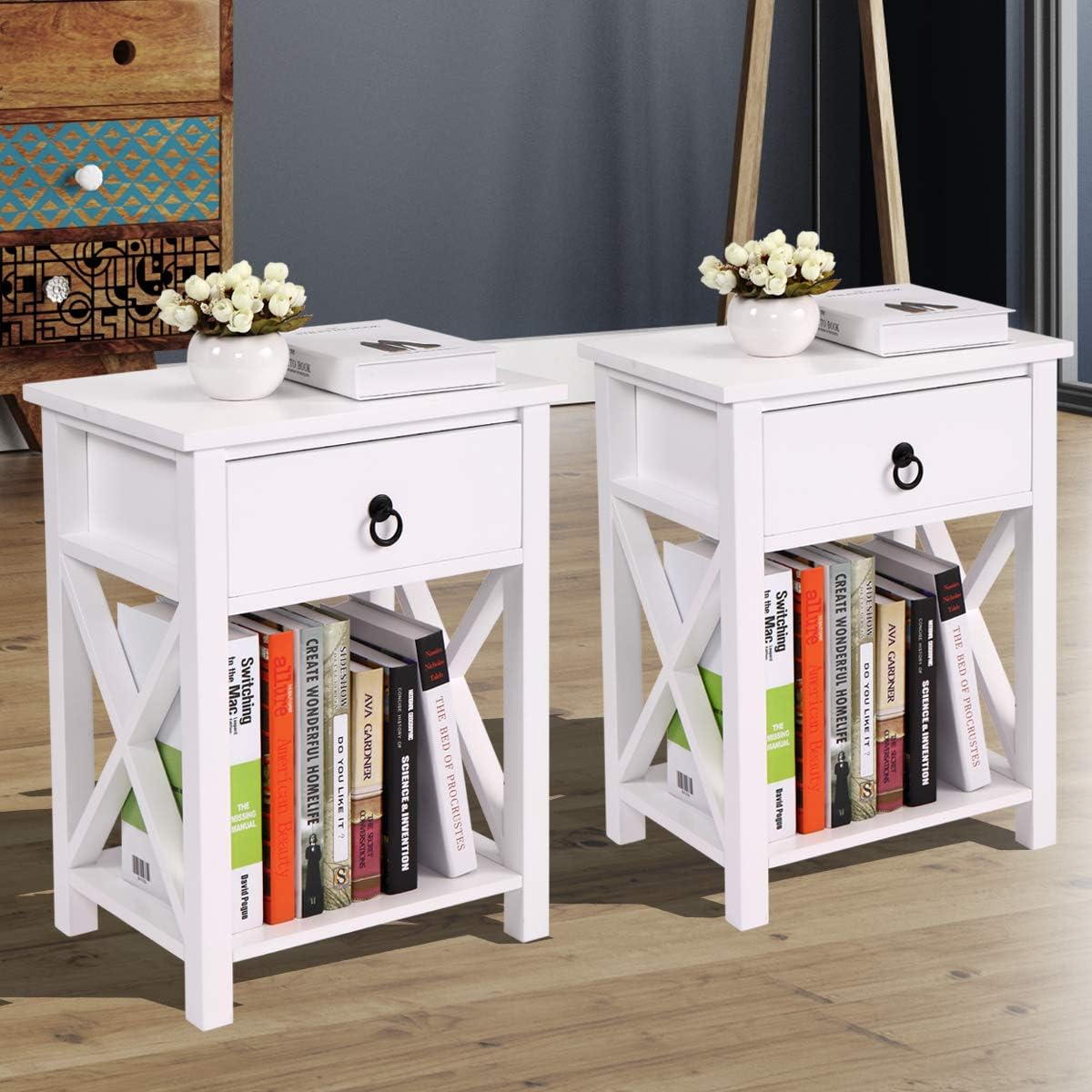 White 2 X-Design Nightstand with Drawer and Shelf E4499