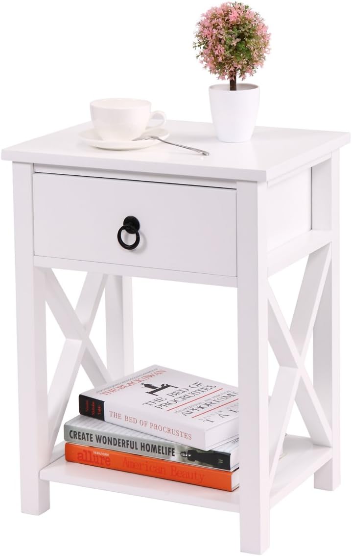 White 2 X-Design Nightstand with Drawer and Shelf E4499