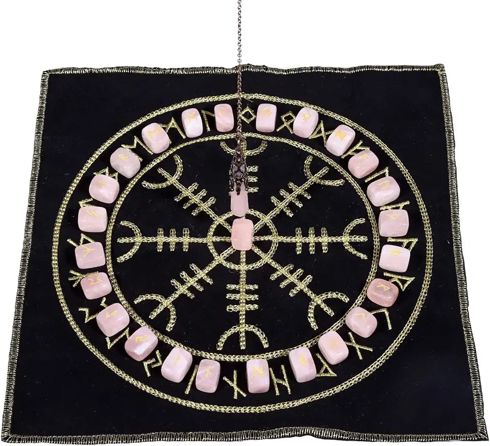 Rose Quartz Rune Stones Set & 6 Facted Crystal Pendulum with Energy Mat D869146