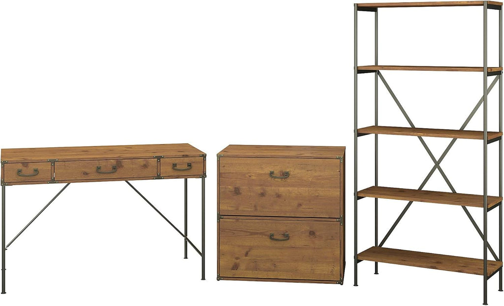 Vintage Golden Pine Writing Desk with File Cabinet and Bookcase U60654