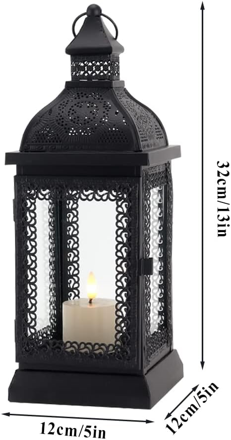 Black Metal Candle Lantern 13'' High with Tempered Glass R1949