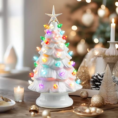 13 Inch Ceramic Christmas Tree with Multicolored LED Lights, Green C98826