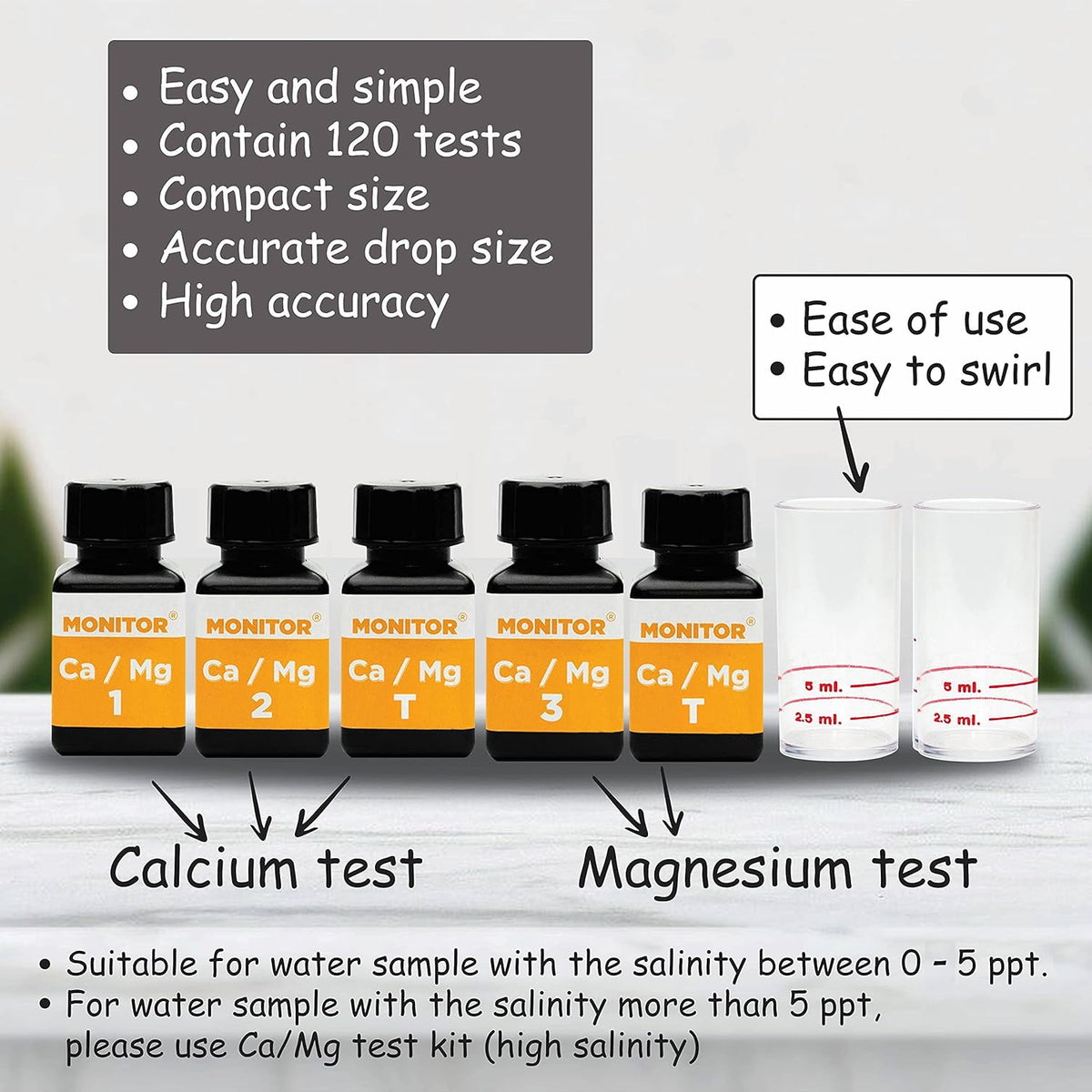 Monitor Calcium/Magnesium Low Salinity (0-5 PPT) Test KIT (120 Tests) Q661094