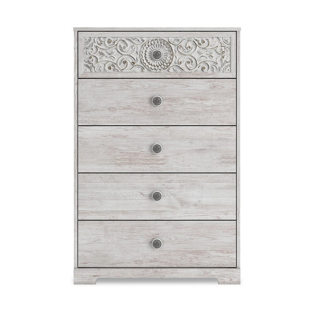 46 Inch 5 Drawer Whitewashed Wood Dresser F160