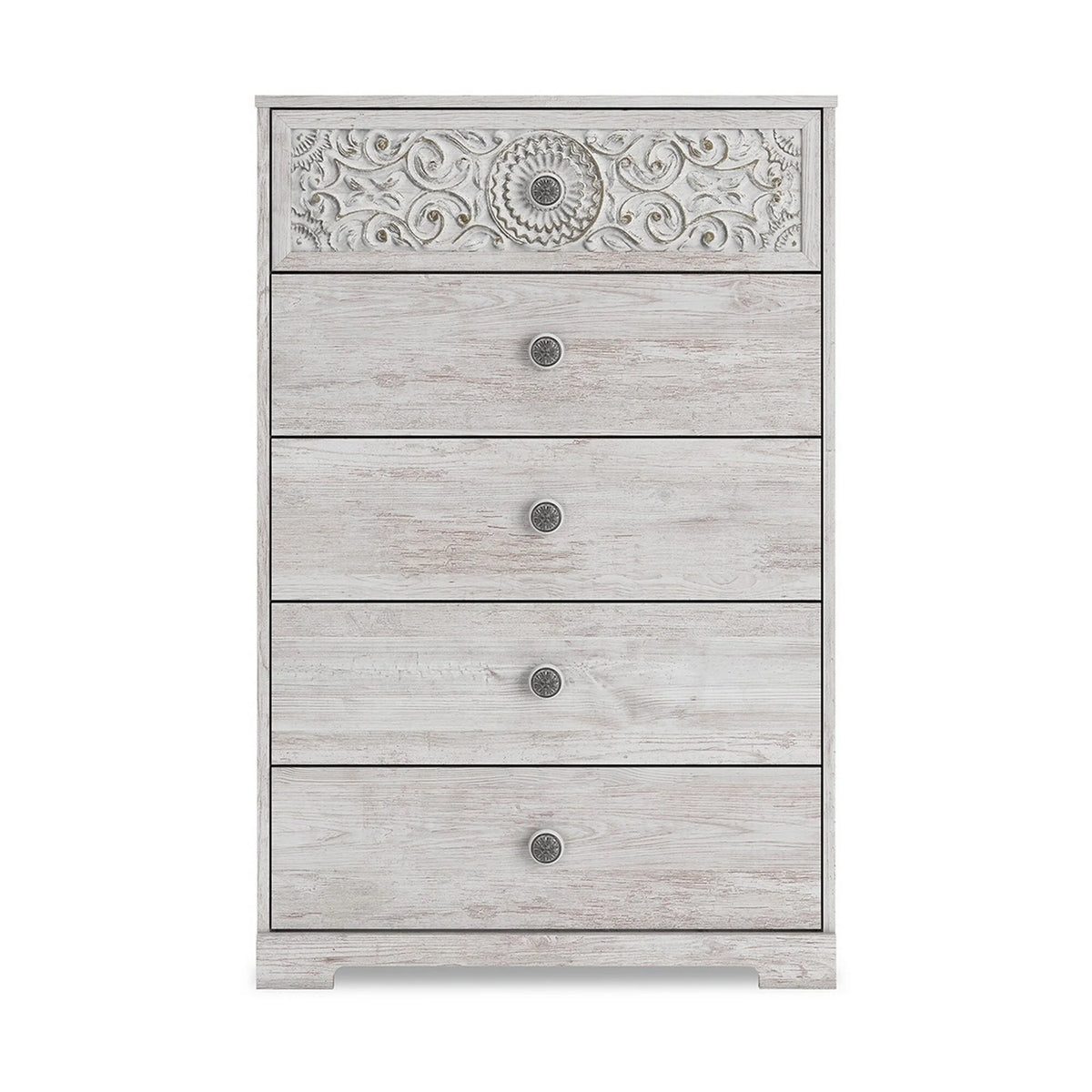 46 Inch 5 Drawer Whitewashed Wood Dresser F160