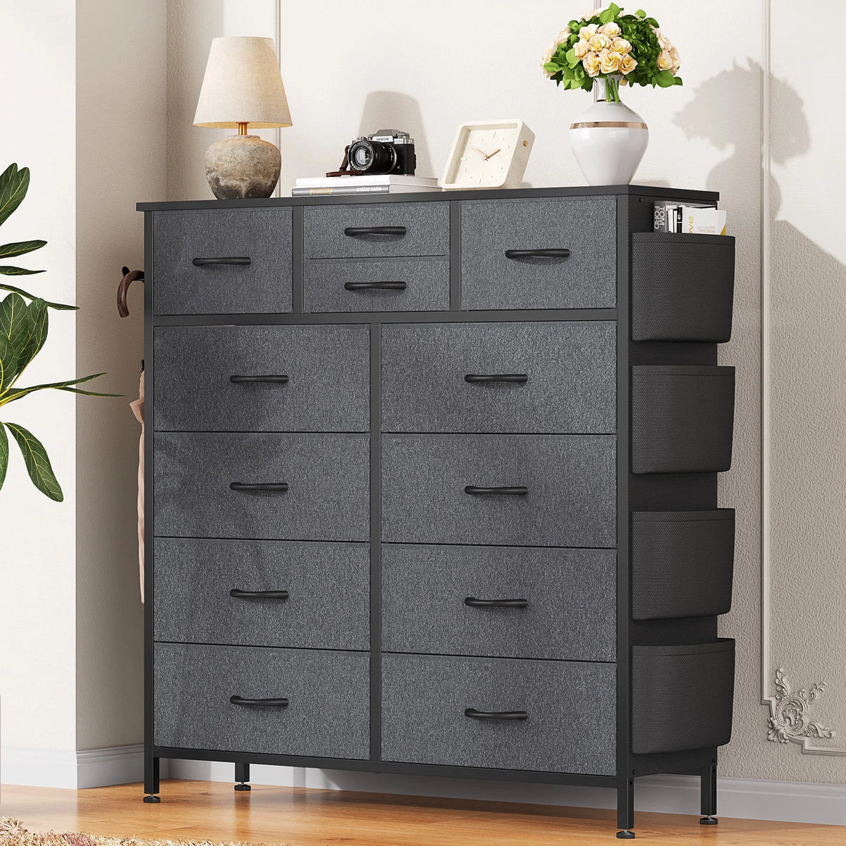 12 Drawer Fabric Dresser with Steel Frame and Wooden Top A108