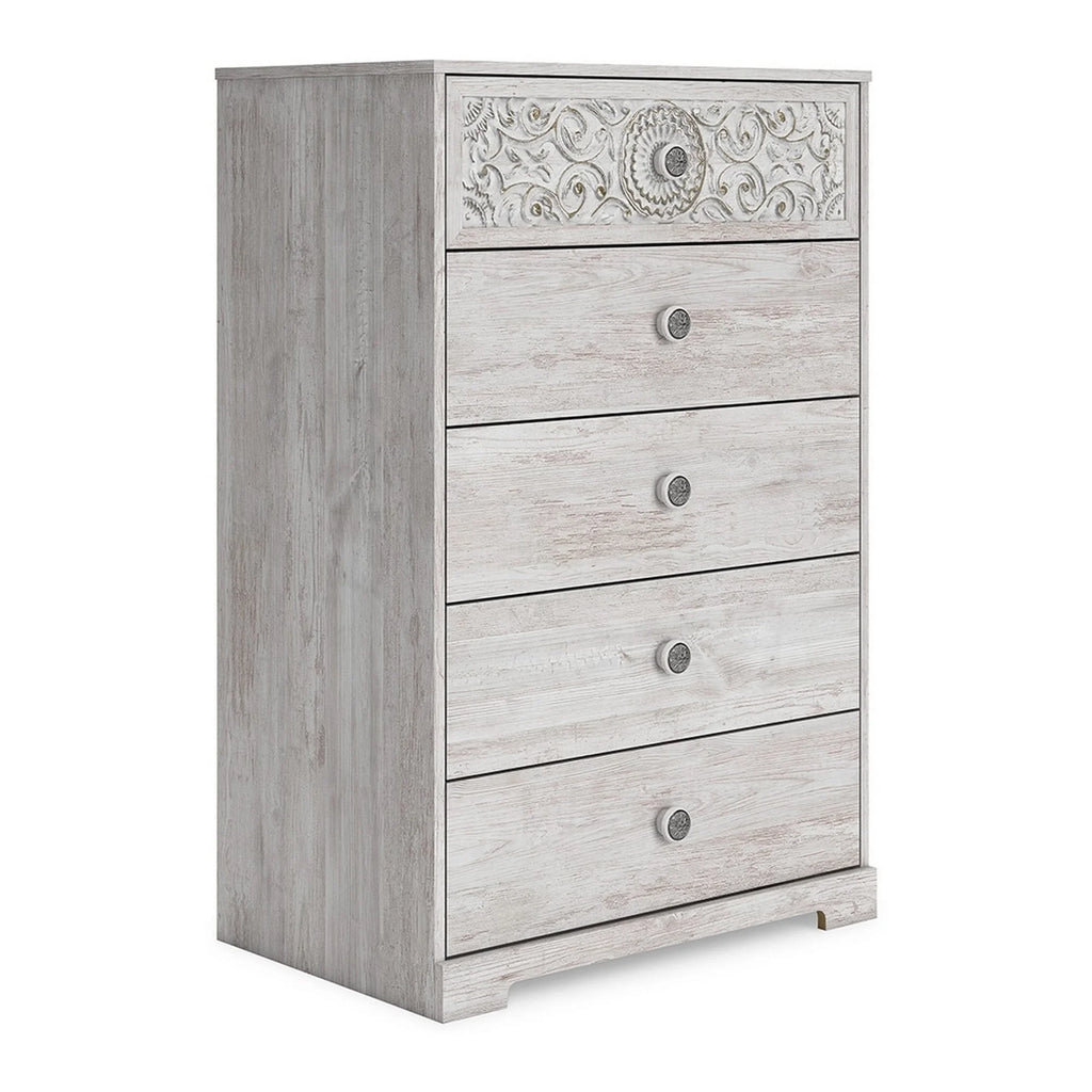 46 Inch 5 Drawer Whitewashed Wood Dresser F160